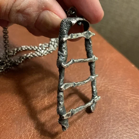 BRUTALIST MODERNIST RAW STEAMPUNK SILVERTONE PEWTER PENDANT AND CHAIN NECKLACE.